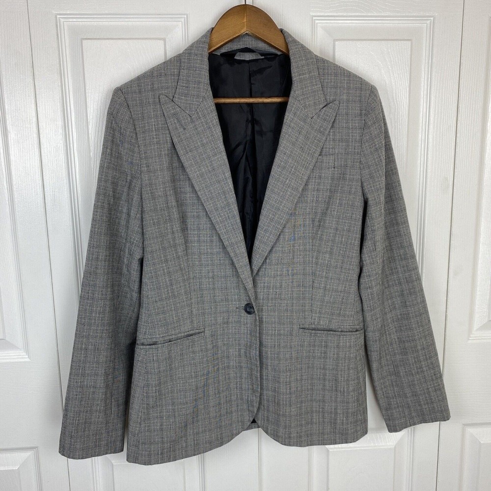 Norma Kamali Size 12 Blazer Gray Plaid Jacket Button Sports Coat Women's